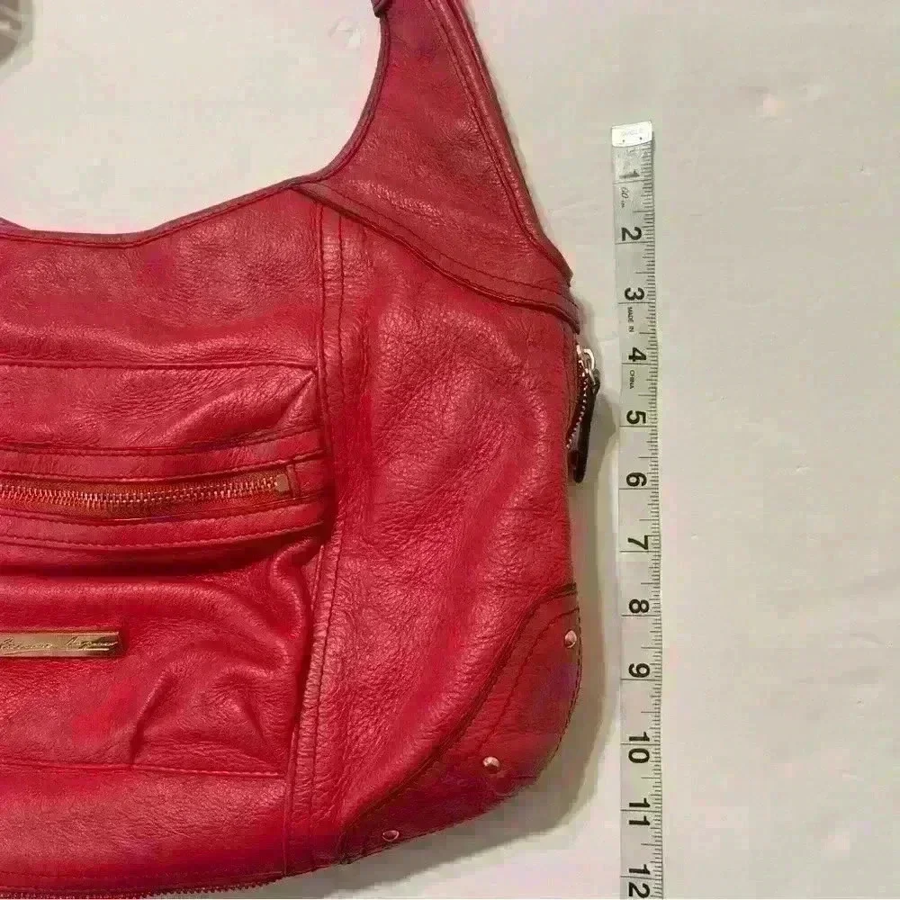 Etienne Aigner Red Genuine Leather Handbag Pockets Zip Around Boho Outdoor